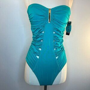 a.n.a Teal Ruched Strapless One-Piece Swimsuit with Gold Accent NWT